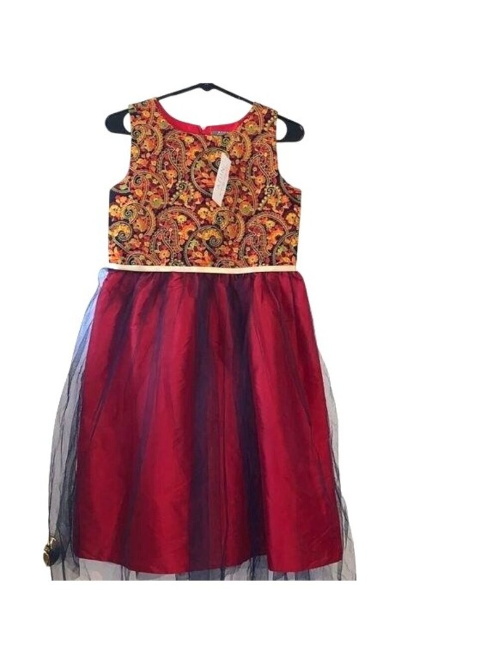ATUN Girls Red & Navy Embroidered Dress With Tulle Overlay Size 13-14Y